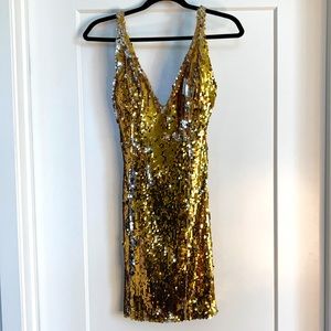 PINK HORSES DESIGN. Gold and Silver Sequin Mini Dress with Open Back. Size M